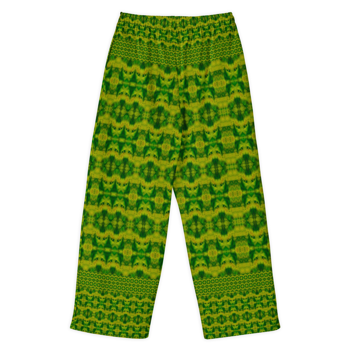 Back view of Purely Jade Light cotton wide leg trousers with elastic waistband and deep green jade print with broad translucent mineral panels by River Jade Smithy.