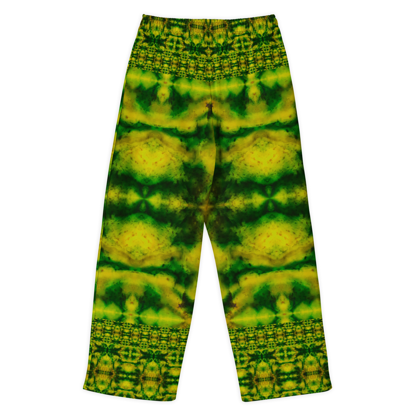 Back view of Purely Jade Light cotton wide leg trousers with elastic waistband and green-and-gold jade field with large blurred horizontal chamber forms by River Jade Smithy.