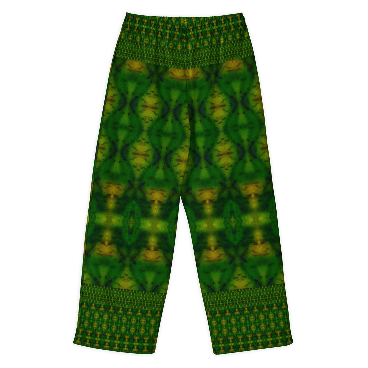 Back view of Purely Jade Light cotton wide leg trousers with elastic waistband and deep green jade print with gold medallions and lower patterned band by River Jade Smithy.
