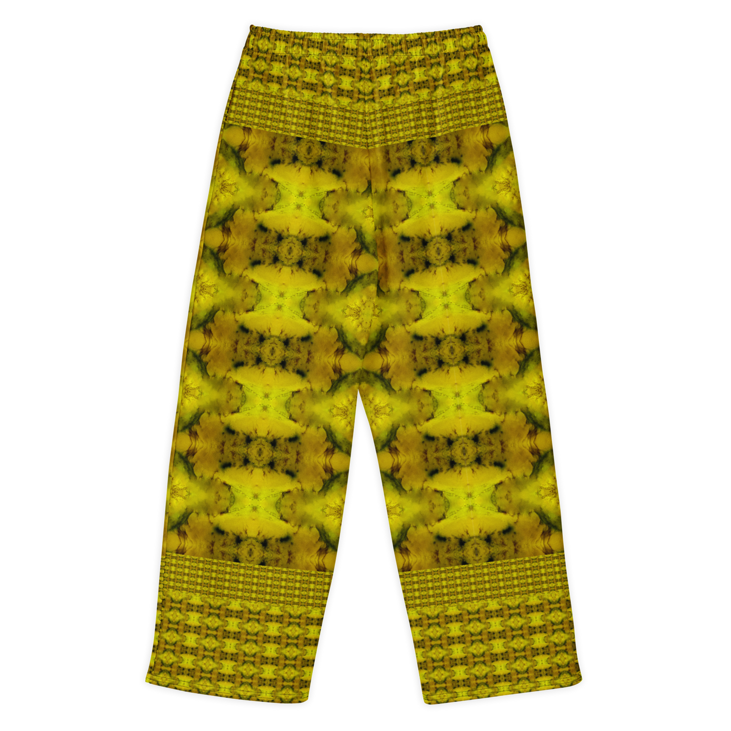 Back view of Purely Jade Light cotton wide leg trousers with elastic waistband and gold-dominant jade print with mirrored floral-like medallions by River Jade Smithy.