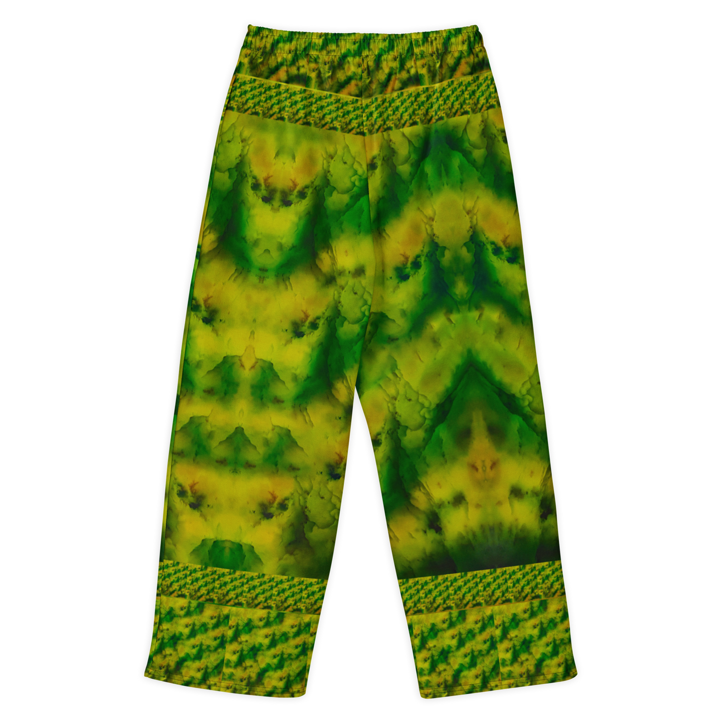 Back view of Purely Jade Light cotton wide leg trousers with elastic waistband and soft mineral green jade field with narrow patterned bands by River Jade Smithy.