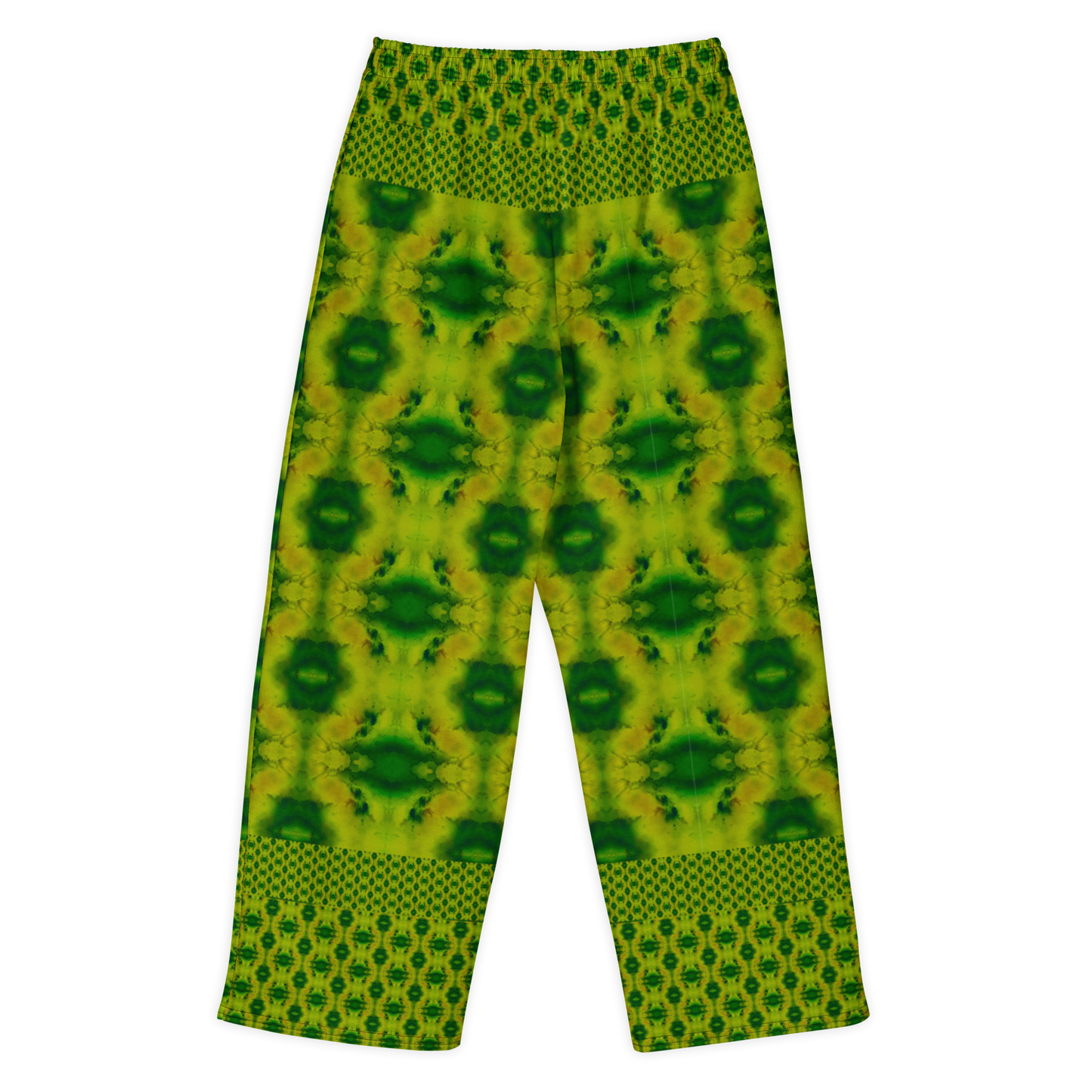 Back view of Purely Jade Light cotton wide leg trousers with elastic waistband and green jade print with large dark chambered medallions and border bands by River Jade Smithy.