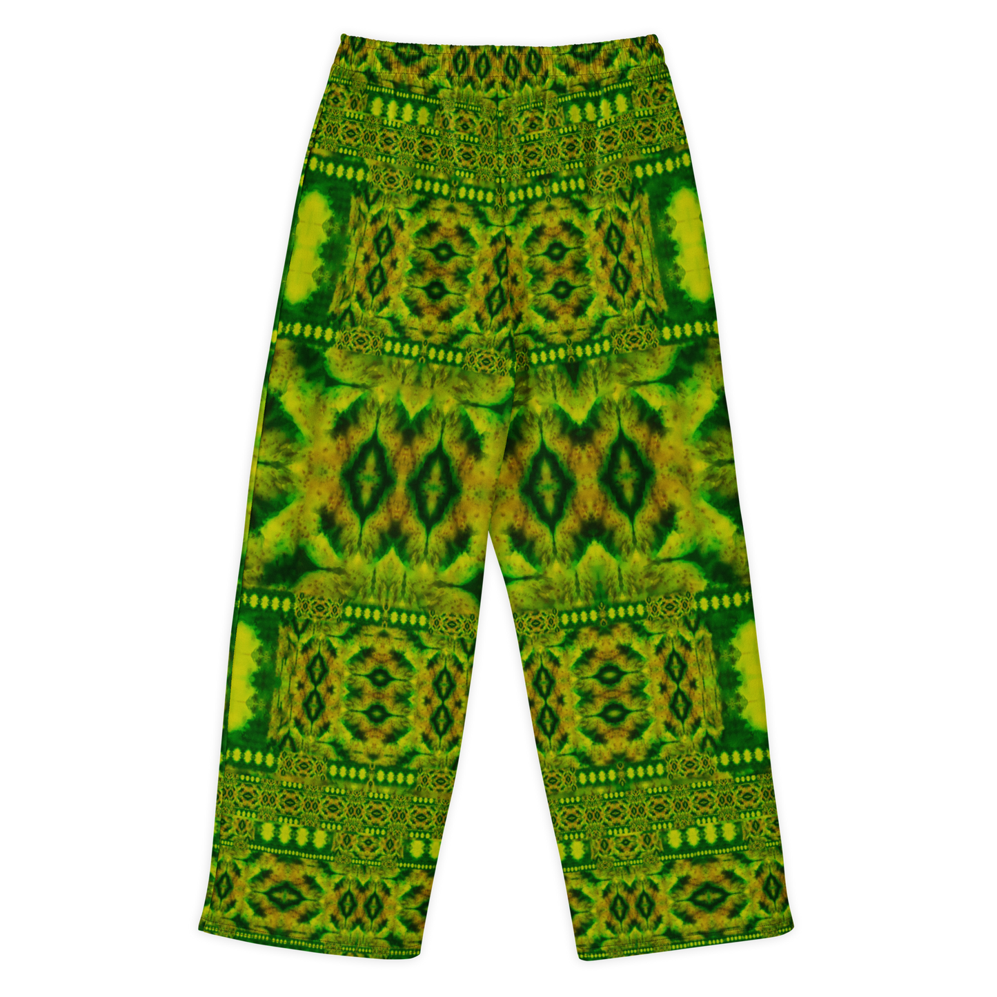 Back view of Purely Jade Light cotton wide leg trousers with elastic waistband and deep green-and-gold jade print with framed diamond panels by River Jade Smithy.