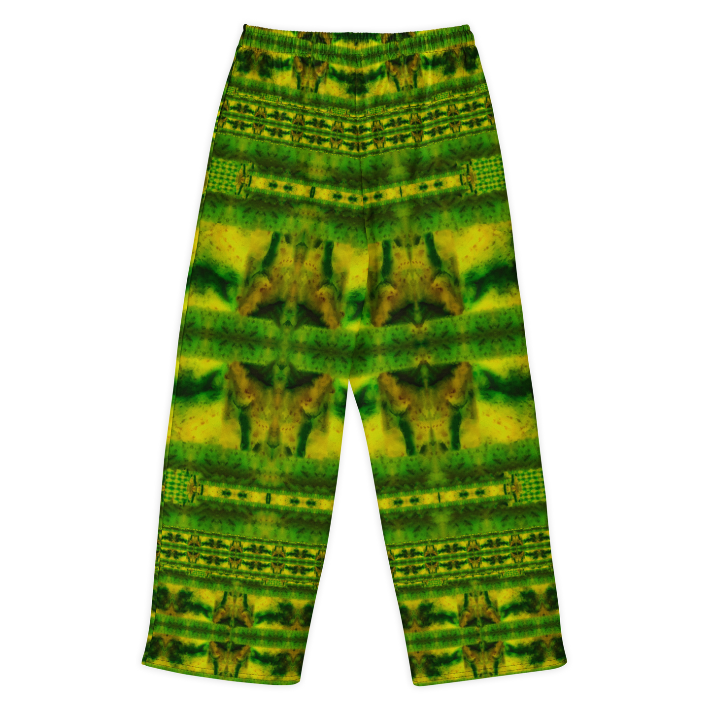 Back view of Purely Jade Light cotton wide leg trousers with elastic waistband and green jade print with horizontal moss bands and gold mineral patches by River Jade Smithy.