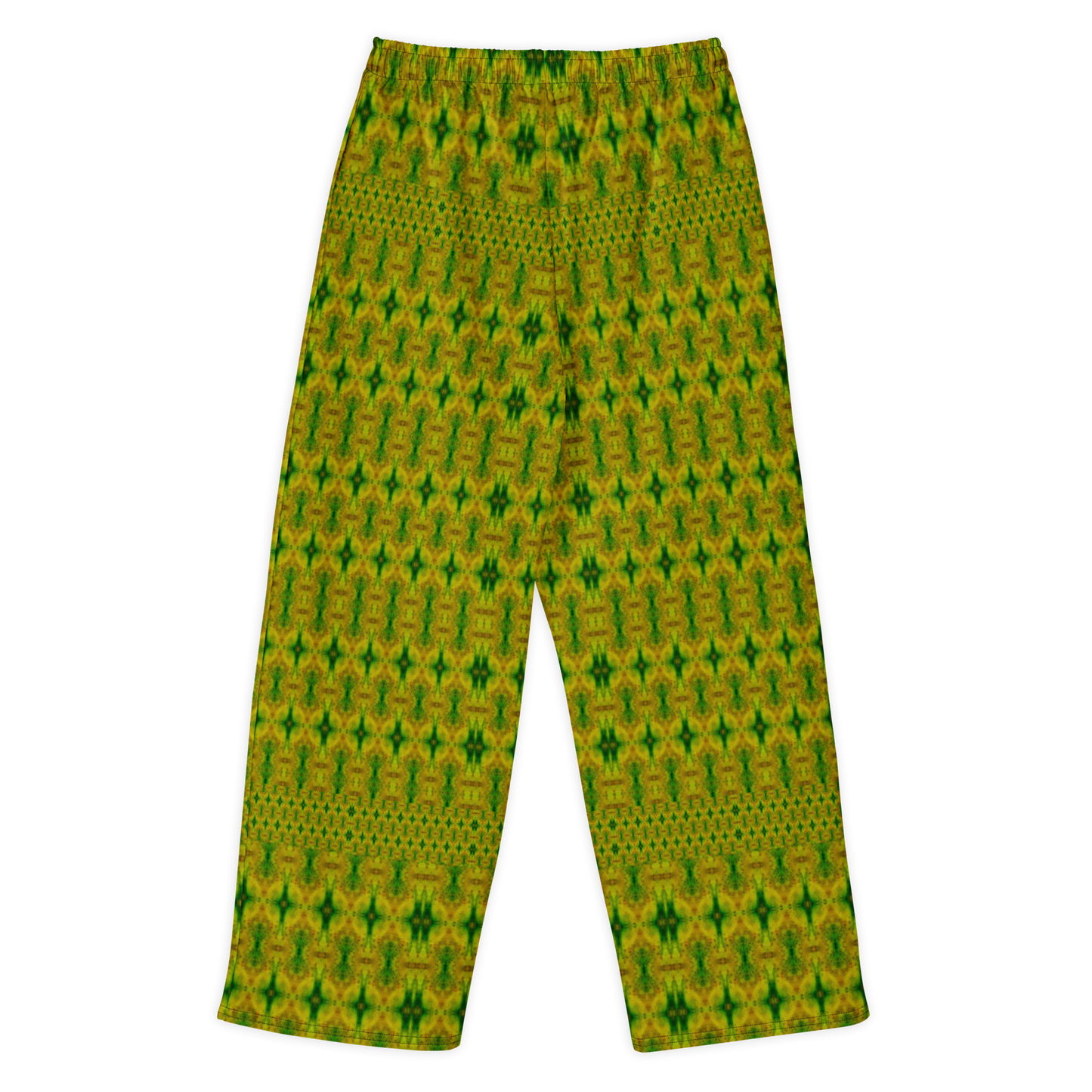 Back view of Purely Jade Light cotton wide leg trousers with elastic waistband and soft green-and-gold jade print with large mirrored chamber shapes by River Jade Smithy.