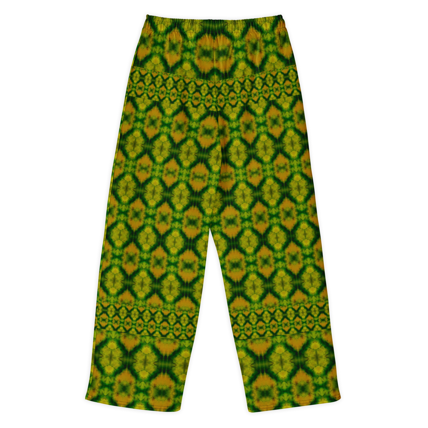 Back view of Purely Jade Light cotton wide leg trousers with elastic waistband and yellow-green jade print with leaf-like diamond lattice by River Jade Smithy.