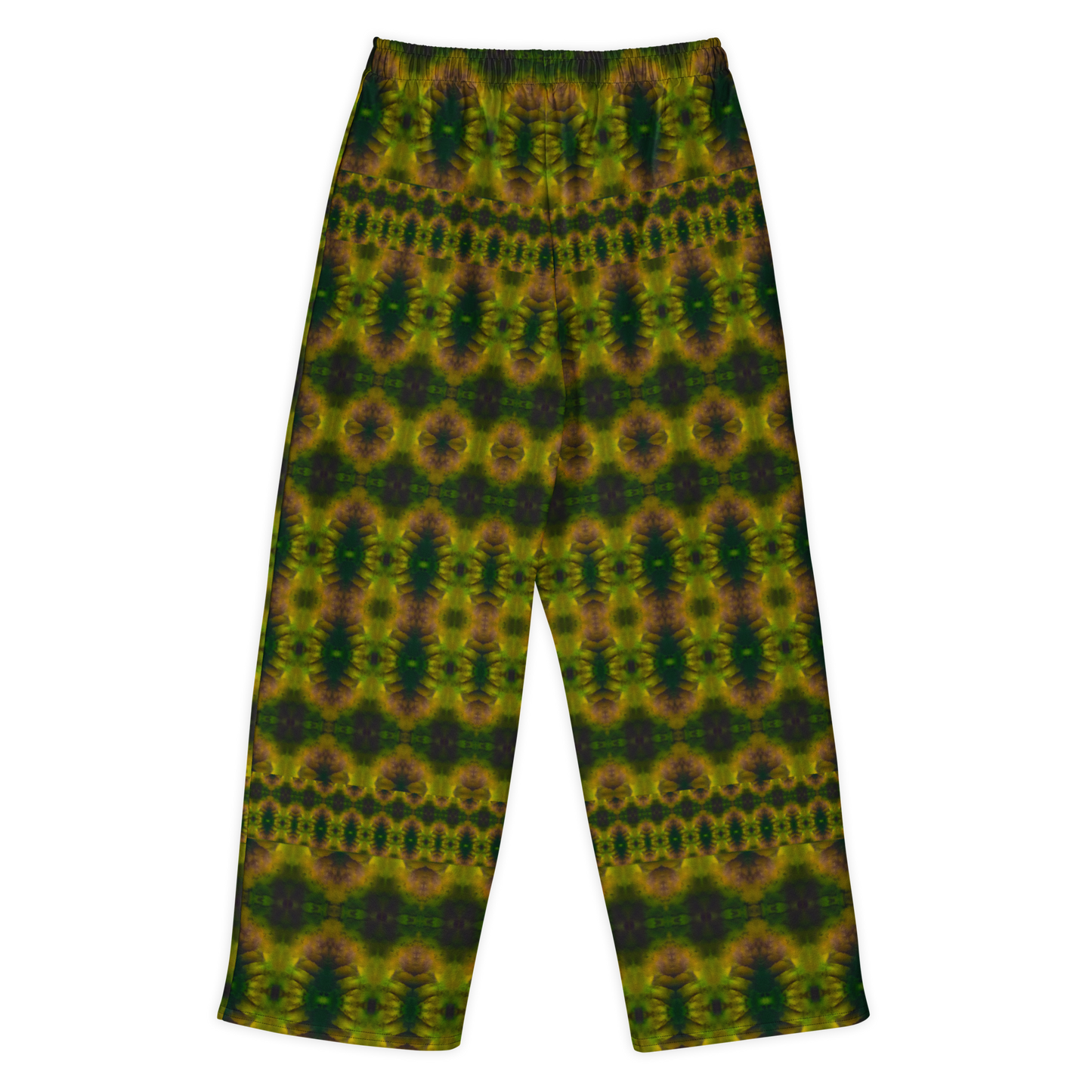 Back view of Purely Jade Light cotton wide leg trousers with elastic waistband and deep green and gold jade print with plum-shadow medallion rows by River Jade Smithy.