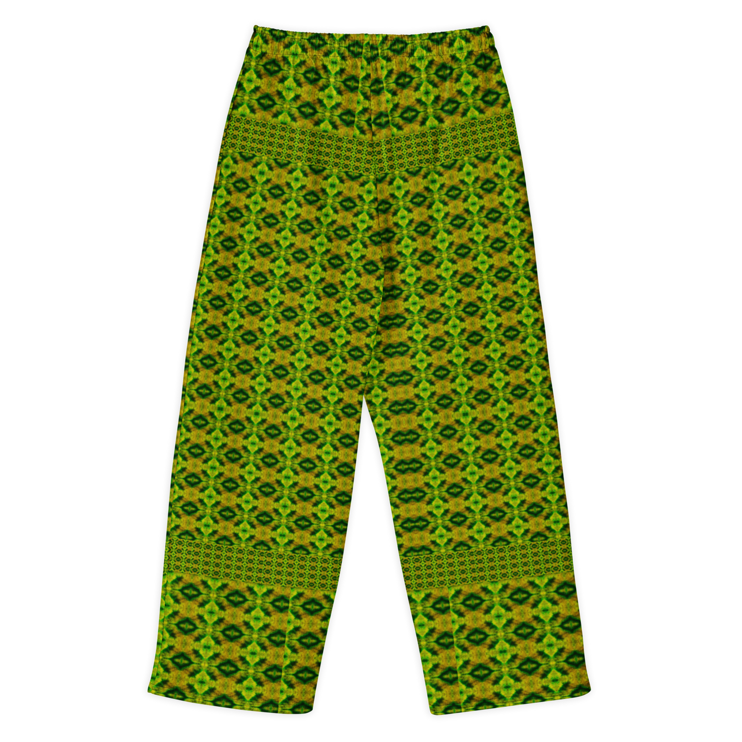 Back view of Purely Jade Light cotton wide leg trousers with elastic waistband and green-and-gold small diamond lattice jade print by River Jade Smithy.