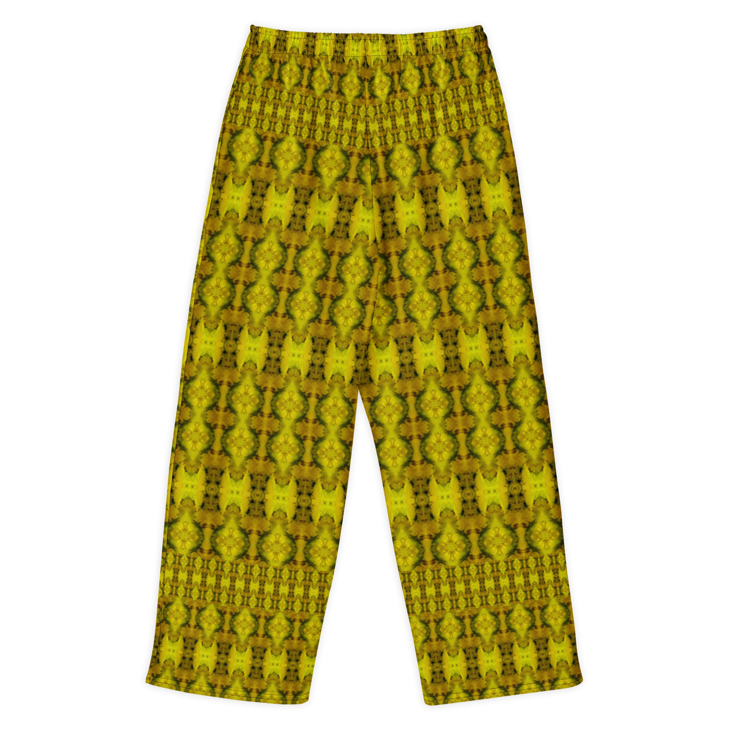 Back view of Purely Jade Light cotton wide leg trousers with elastic waistband and gold-forward jade print with dense mirrored medallion bands by River Jade Smithy.