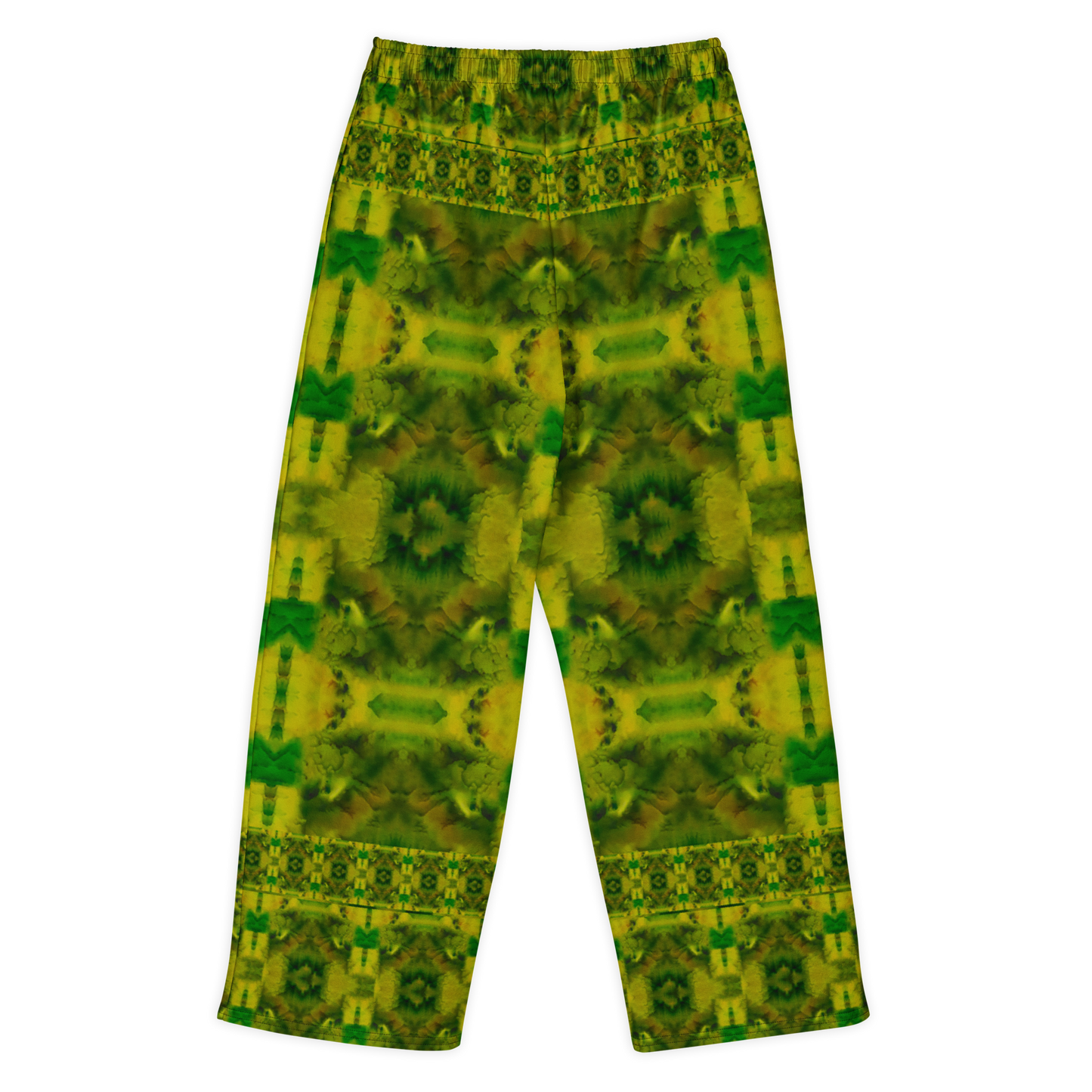 Back view of Purely Jade Light cotton wide leg trousers with elastic waistband and green-and-gold mirrored jade field with broad soft medallions by River Jade Smithy.