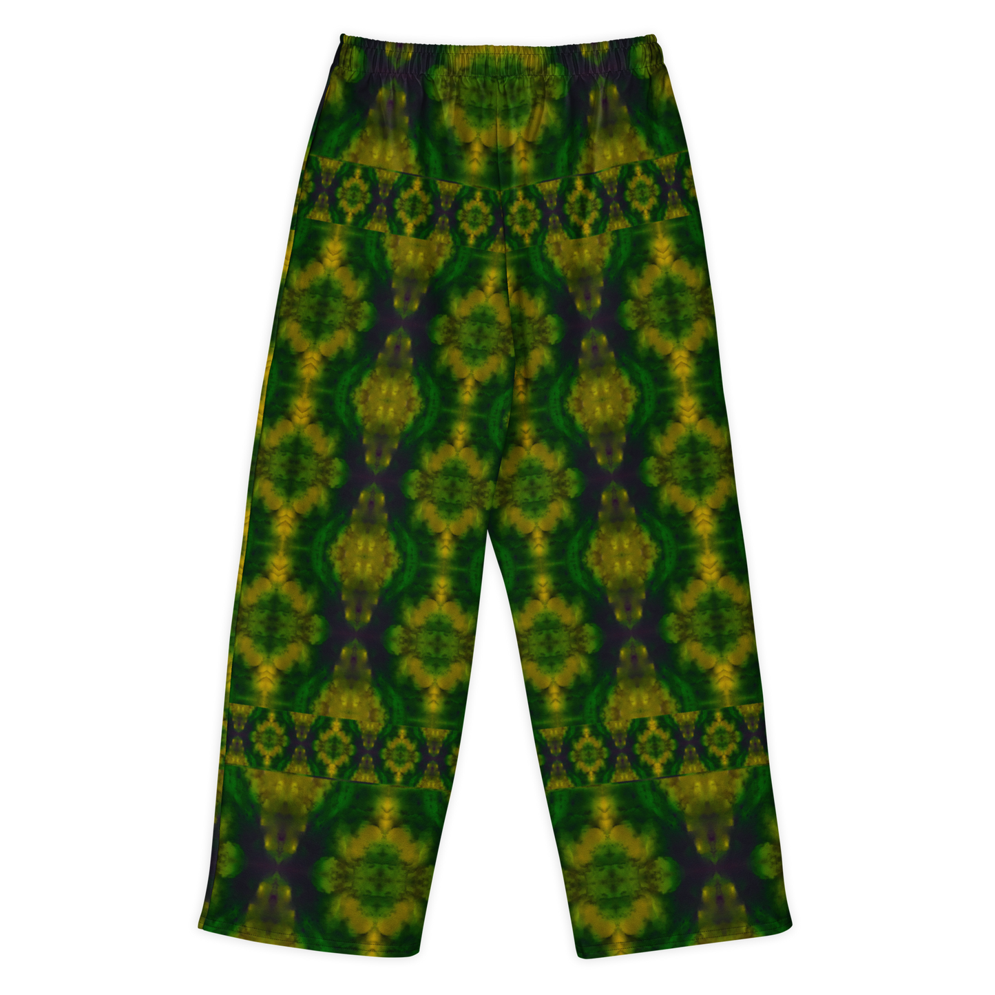 Back view of Purely Jade Light cotton wide leg trousers with elastic waistband and dark green jade print with gold medallions and plum-shadow accents by River Jade Smithy.