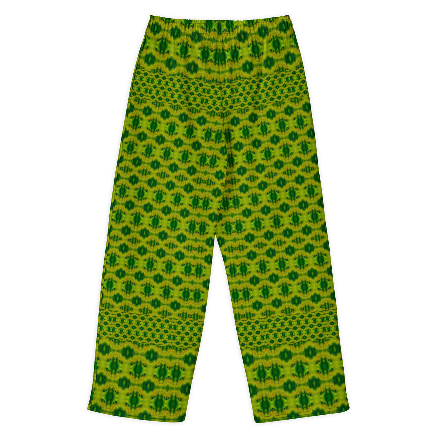 Back view of Purely Jade Light cotton wide leg trousers with elastic waistband and yellow-green jade print with repeating dark green small medallions by River Jade Smithy.