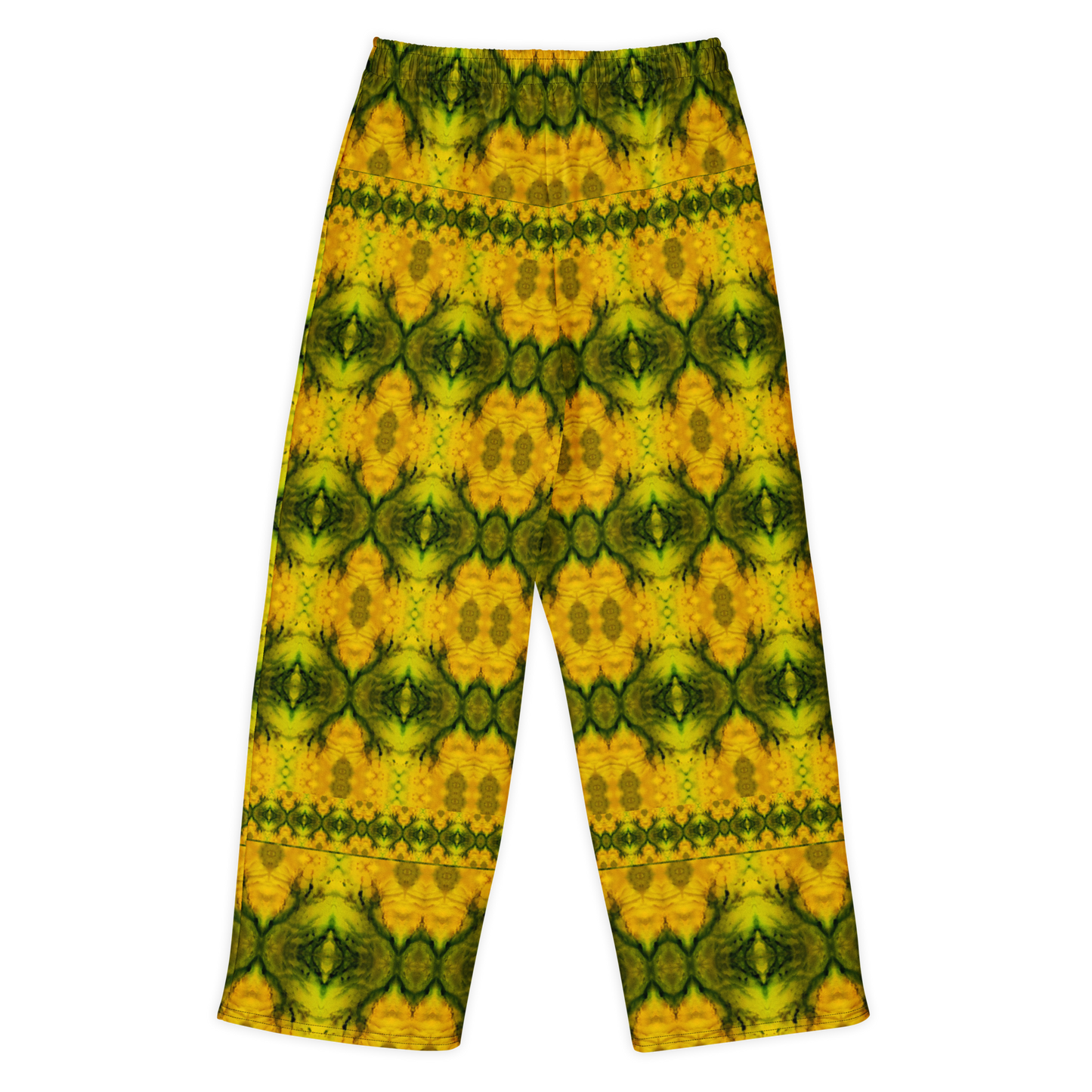 Back view of Purely Jade Light cotton wide leg trousers with elastic waistband and gold-and-green mirrored jade print with large faceted medallions by River Jade Smithy.