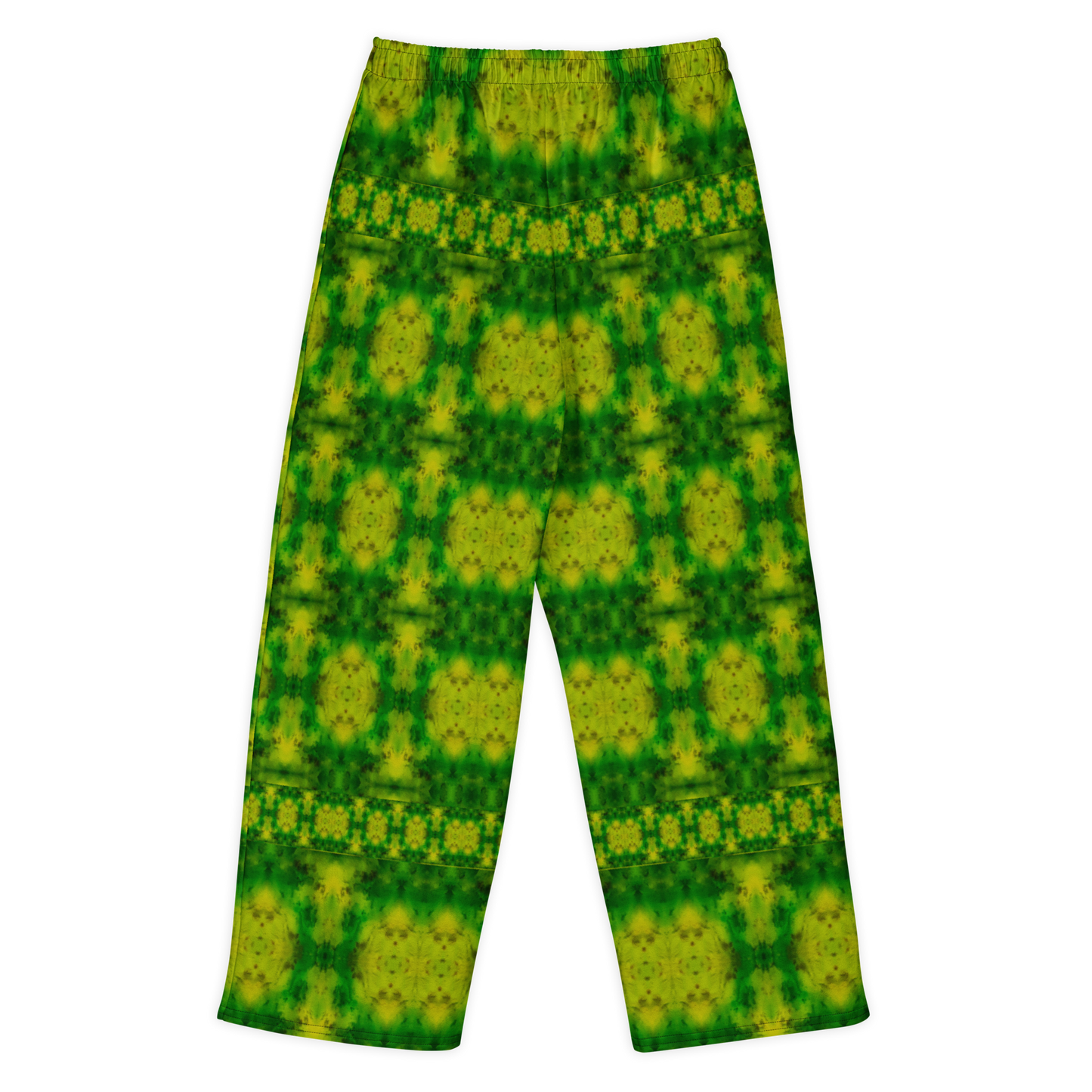 Back view of Purely Jade Light cotton wide leg trousers with elastic waistband and bright yellow-green chambered jade print with soft oval medallions by River Jade Smithy.
