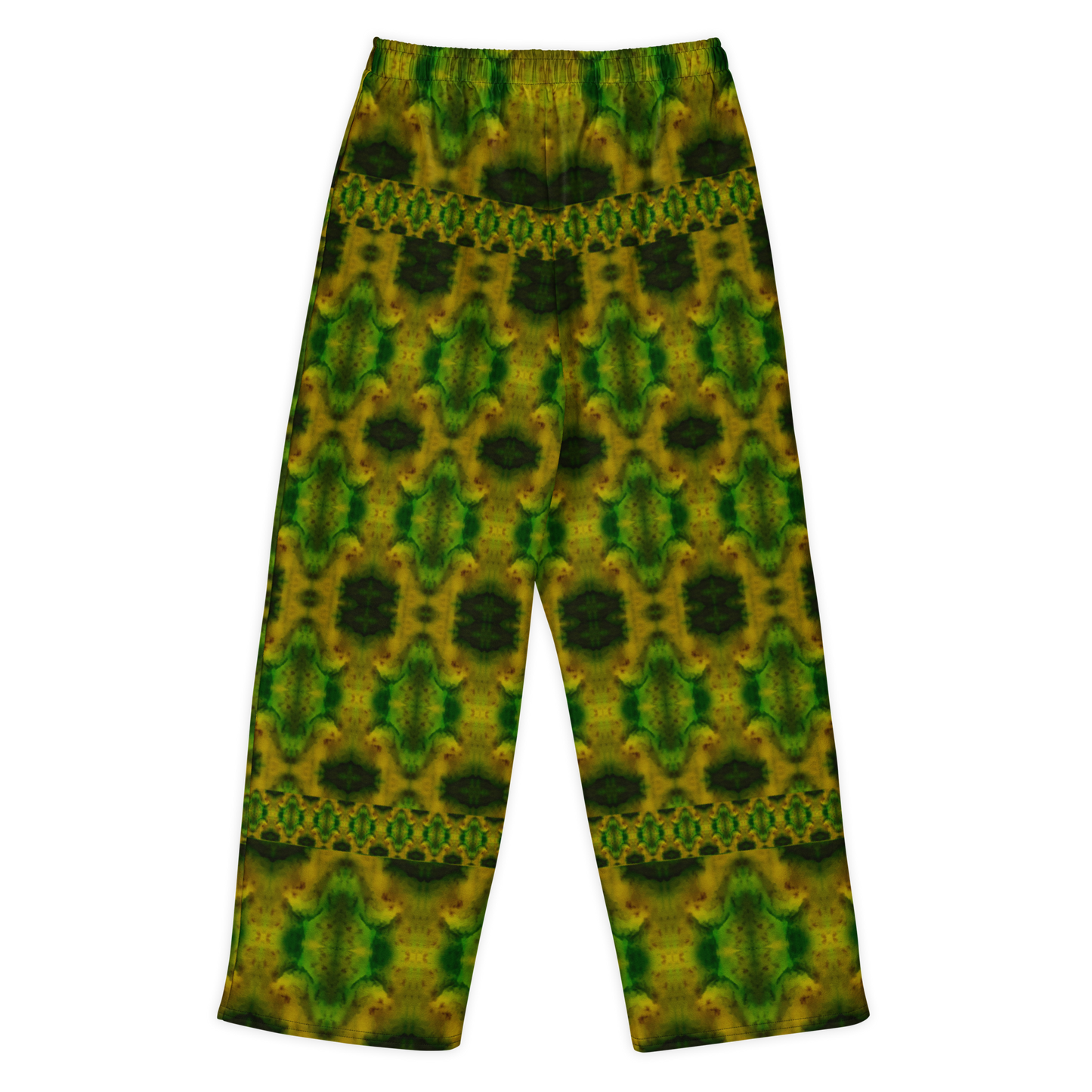 Back view of Purely Jade Light cotton wide leg trousers with elastic waistband and deep green-and-gold jade print with dark oval medallions and horizontal border bands by River Jade Smithy.