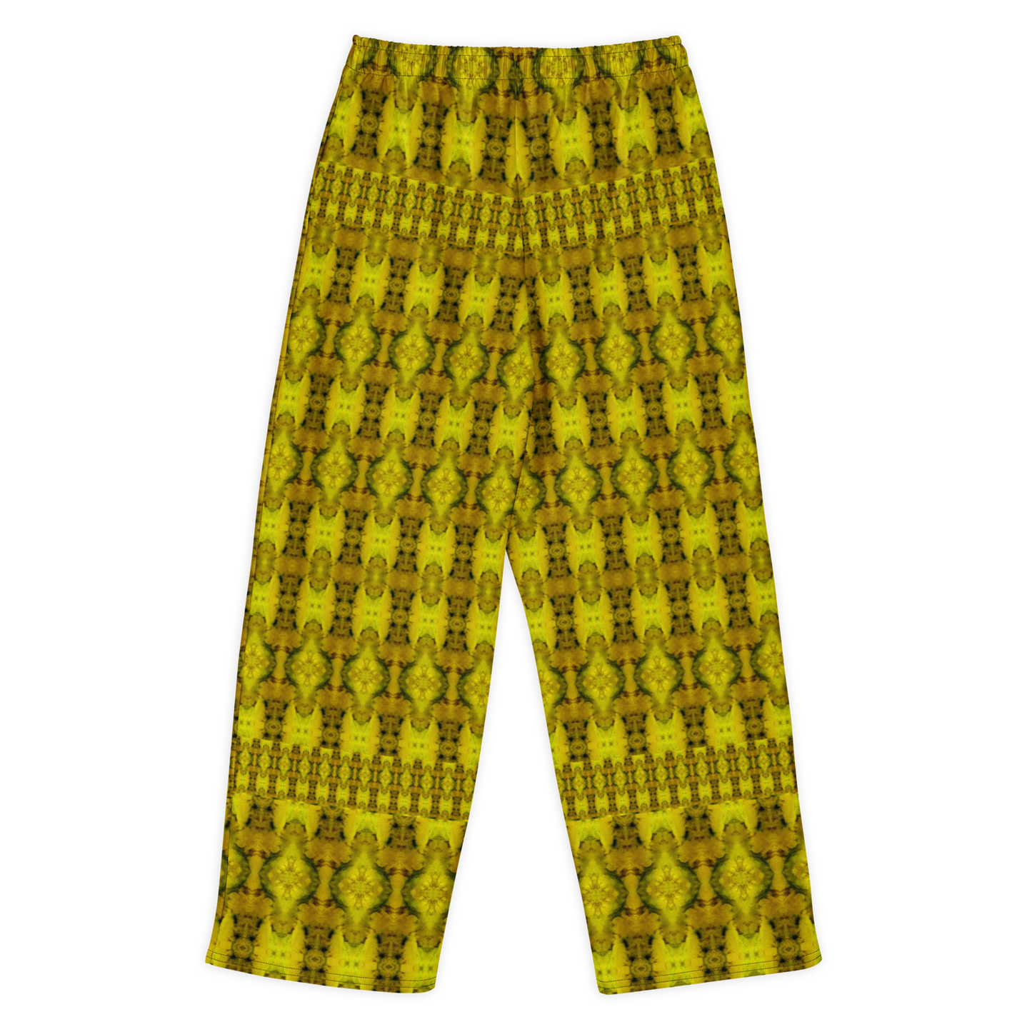 Back view of Purely Jade Light cotton wide leg trousers with elastic waistband and yellow-gold jade print with dense mirrored medallion columns by River Jade Smithy.