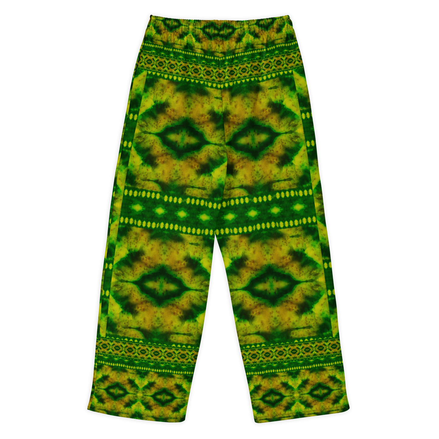 Back view of Purely Jade Light cotton wide leg trousers with elastic waistband and deep jade-green print with dark diamond medallions and dotted bands by River Jade Smithy.
