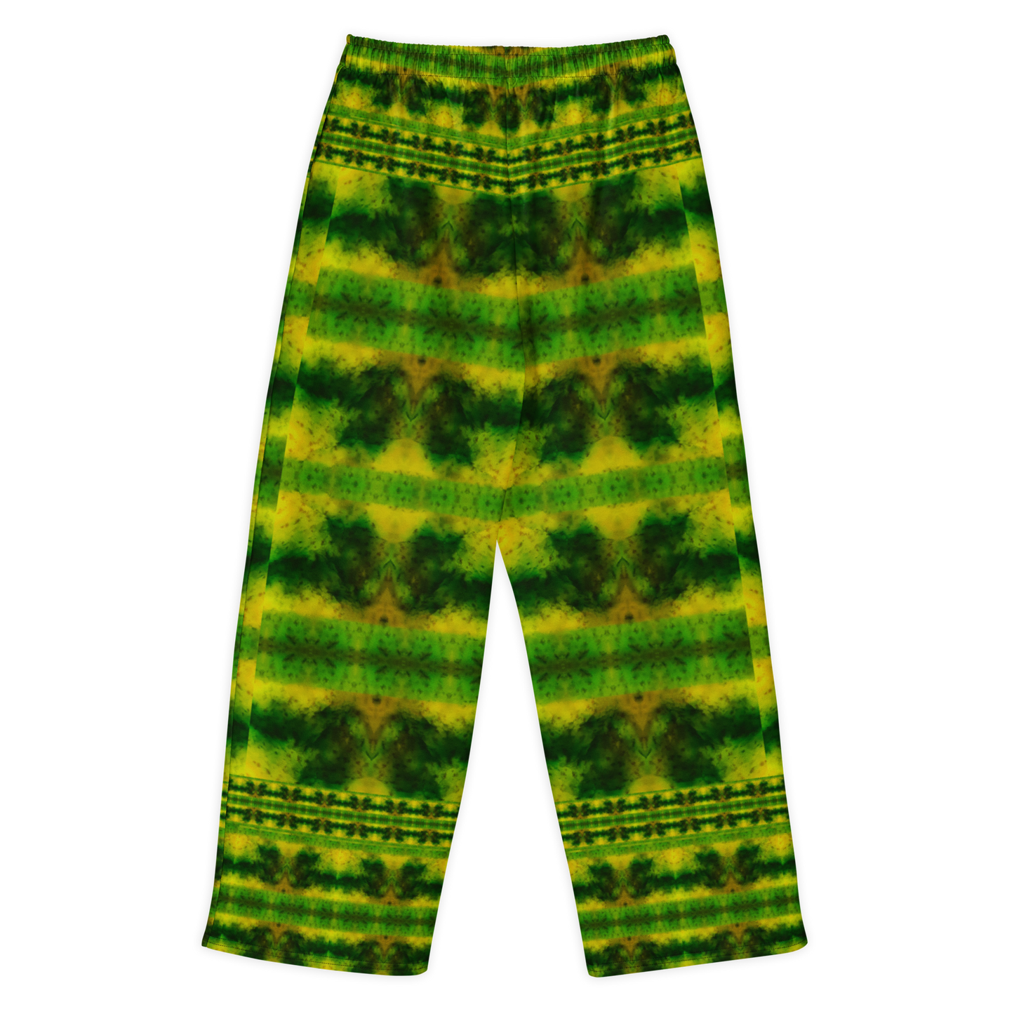 Back view of Purely Jade Light cotton wide leg trousers with elastic waistband and green-and-gold mossy horizontal jade bands by River Jade Smithy.