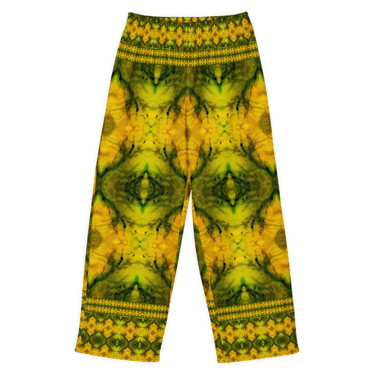 Front view of Purely Jade Light cotton wide leg trousers with elastic waistband and gold-and-green jade print with large diamond medallions and patterned bands by River Jade Smithy.
