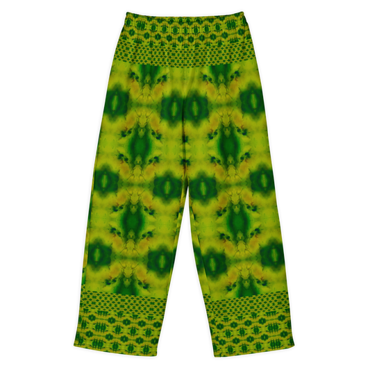 Front view of Purely Jade Light cotton wide leg trousers with elastic waistband and yellow-green jade print with large dark green oval medallions by River Jade Smithy.