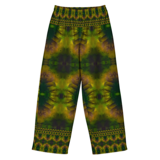 Front view of Purely Jade Light cotton wide leg trousers with elastic waistband and deep green-and-gold jade print with plum-shadowed large medallions by River Jade Smithy.
