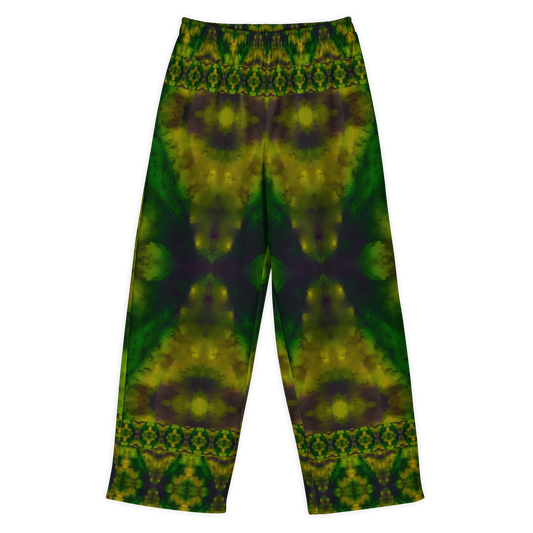 Front view of Purely Jade Light cotton wide leg trousers with elastic waistband and deep green jade print with plum-shadowed central mineral shapes by River Jade Smithy.