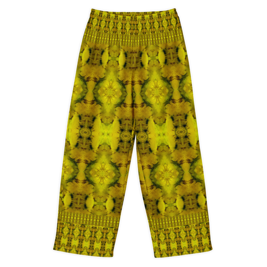 Front view of Purely Jade Light cotton wide leg trousers with elastic waistband and gold jade print with symmetrical mineral medallions by River Jade Smithy.