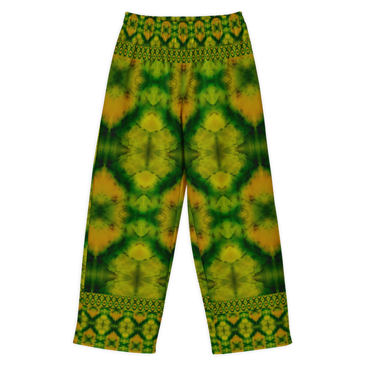 Front view of Purely Jade Light cotton wide leg trousers with elastic waistband and green-and-gold jade print with large rounded medallions and patterned bands by River Jade Smithy.
