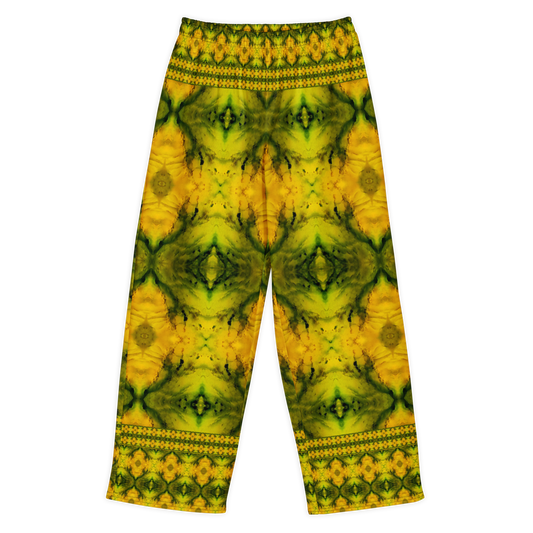 Front view of Purely Jade Light cotton wide leg trousers with elastic waistband and gold-and-green jade print with large faceted medallions and border bands by River Jade Smithy.