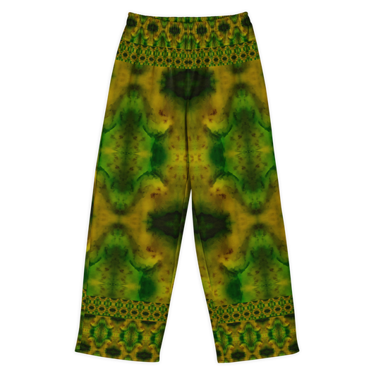 Front view of Purely Jade Light cotton wide leg trousers with elastic waistband and deep green and gold jade print with large mirrored chambers by River Jade Smithy.