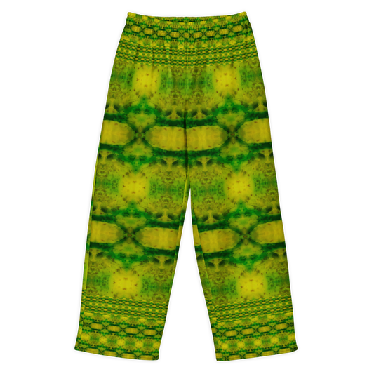 Front view of Purely Jade Light cotton wide leg trousers with elastic waistband and green-and-gold mirrored jade print with soft horizontal chamber bands by River Jade Smithy.