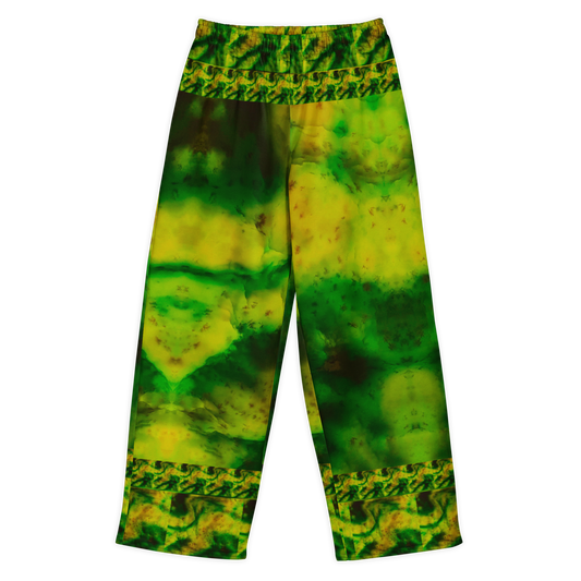 Front view of Purely Jade Light cotton wide leg trousers with elastic waistband and large soft jade-green and gold field with patterned border bands by River Jade Smithy.