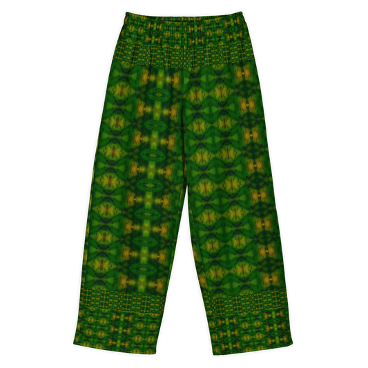 Front view of Purely Jade Light cotton wide leg trousers with elastic waistband and dark jade-green print with gold medallions and patterned border bands by River Jade Smithy.