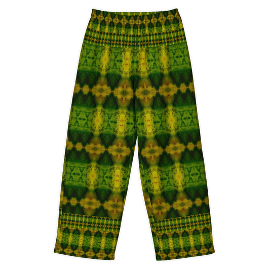 Front view of Purely Jade Light cotton wide leg trousers with elastic waistband and green-and-gold repeat print with small chambered medallions by River Jade Smithy.