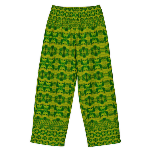 Front view of Purely Jade Light cotton wide leg trousers with elastic waistband and deep green jade print with broad translucent mineral panels by River Jade Smithy.