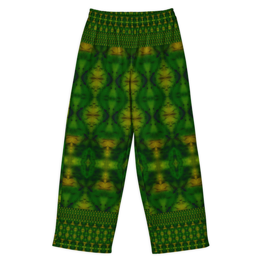 Front view of Purely Jade Light cotton wide leg trousers with elastic waistband and deep green jade print with gold medallions and lower patterned band by River Jade Smithy.