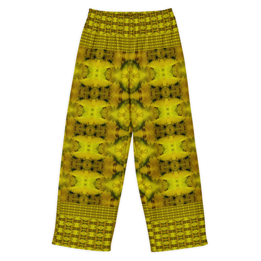 Front view of Purely Jade Light cotton wide leg trousers with elastic waistband and gold-dominant jade print with mirrored floral-like medallions by River Jade Smithy.