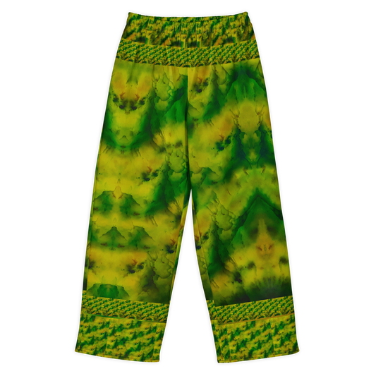 Front view of Purely Jade Light cotton wide leg trousers with elastic waistband and soft mineral green jade field with narrow patterned bands by River Jade Smithy.