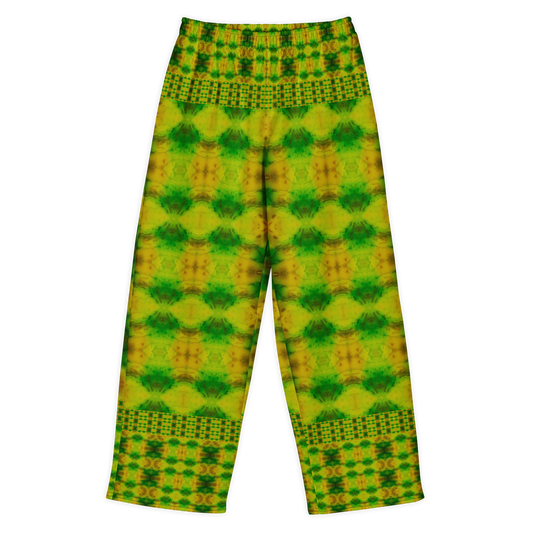 Front view of Purely Jade Light cotton wide leg trousers with elastic waistband and yellow-green jade print with pale medallion shapes and checkered bands by River Jade Smithy.