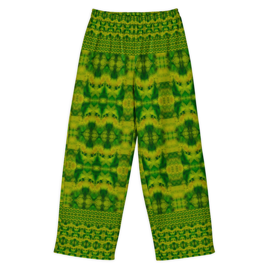 Front view of Purely Jade Light cotton wide leg trousers with elastic waistband and soft green jade field with patterned upper and lower bands by River Jade Smithy.