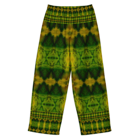 Front view of Purely Jade Light cotton wide leg trousers with elastic waistband and large green-and-gold chambered jade pattern with border bands by River Jade Smithy.