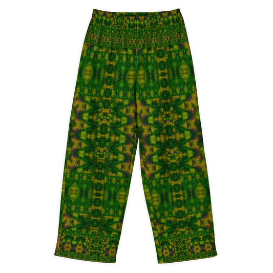 Front view of Purely Jade Light cotton wide leg trousers with elastic waistband and deep green jade print with dense lattice and plum-shadow hints by River Jade Smithy.