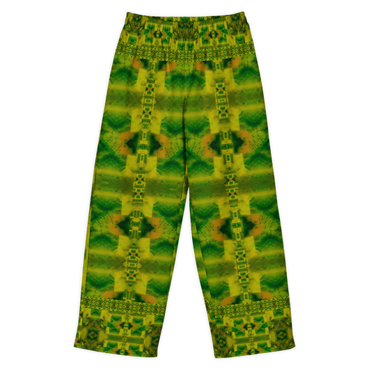 Front view of Purely Jade Light cotton wide leg trousers with elastic waistband and soft green-gold jade print with ladder-like vertical chamber details by River Jade Smithy.
