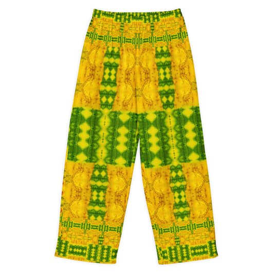 Front view of Purely Jade Light cotton wide leg trousers with elastic waistband and gold jade print with bold green central panel bands by River Jade Smithy.