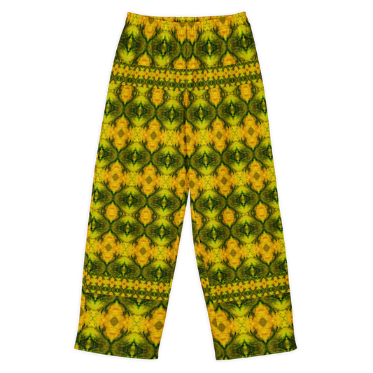Front view of Purely Jade Light cotton wide leg trousers with elastic waistband and gold-forward jade print with strong green center panels by River Jade Smithy.