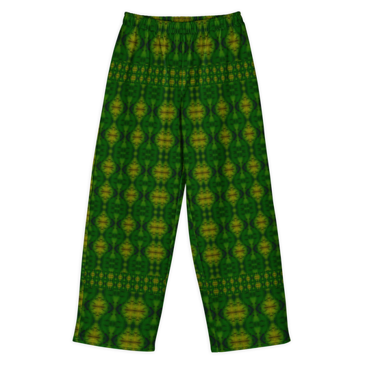 Front view of Purely Jade Light cotton wide leg trousers with elastic waistband and deep green jade print with gold chambered vertical medallions by River Jade Smithy.