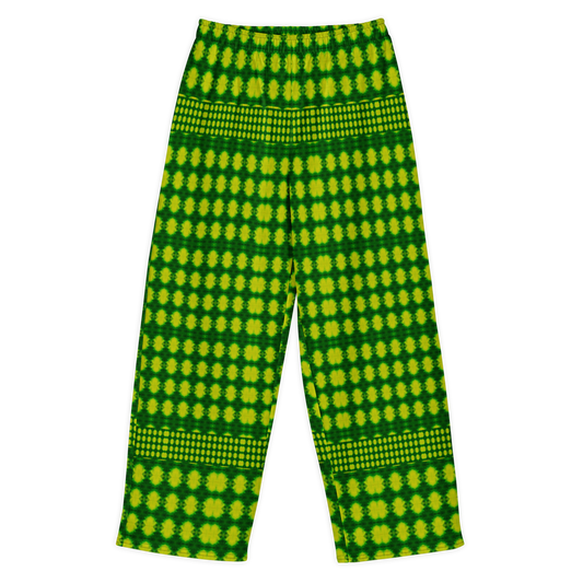 Front view of Purely Jade Light cotton wide leg trousers with elastic waistband and bright lime-green jade print with dotted yellow medallion grid by River Jade Smithy.