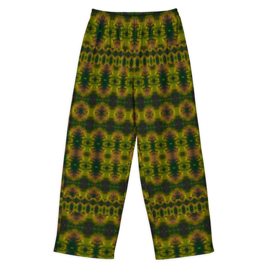 Front view of Purely Jade Light cotton wide leg trousers with elastic waistband and deep green and gold jade print with plum-shadow medallion rows by River Jade Smithy.