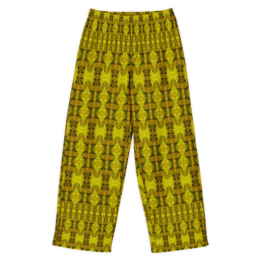Front view of Purely Jade Light cotton wide leg trousers with elastic waistband and gold-forward jade print with dense mirrored medallion bands by River Jade Smithy.