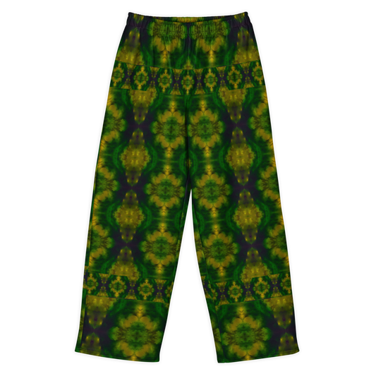 Front view of Purely Jade Light cotton wide leg trousers with elastic waistband and dark green jade print with gold medallions and plum-shadow accents by River Jade Smithy.